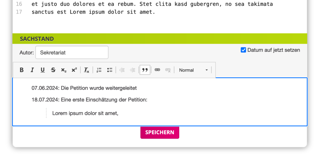 Screenshot, der zeigt, wie Sachstandsberichte unterhalb des Beschlusstexts angelegt werden können